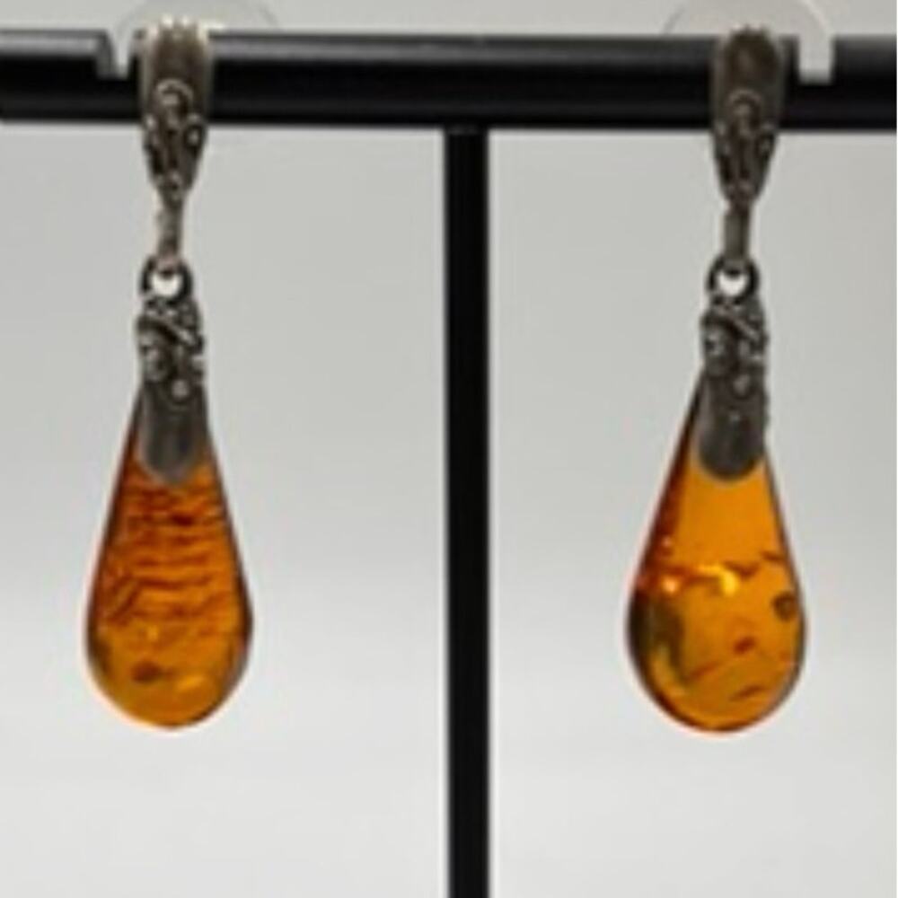 Sterling Silver Large Cognac Teardrop Baltic Amber Pierced Detailed Top Earrings